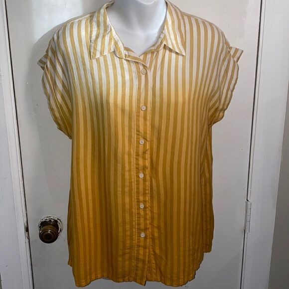 HEM & THREAD Mustard Stripe Dip Dye Short Sleeve Shirt-S NWT - Picture 1 of 5